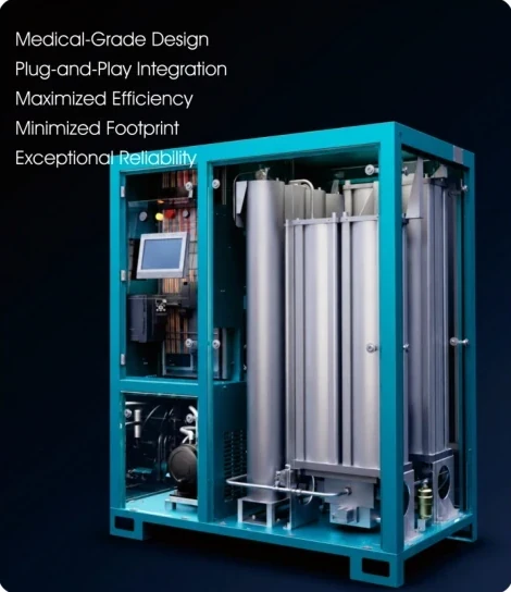 Dark-blue card showing a medical-grade oxygen generator